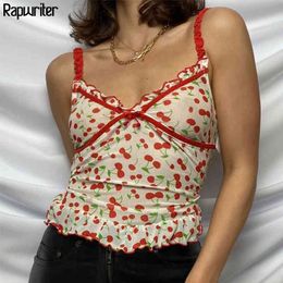 Summer Strap Cherry Print Ruched Fashion Cropped Tops Women Ruffles Bow Sleeveless Aesthetic Tank Top Tee Sexy 90s V Neck Camis 210415