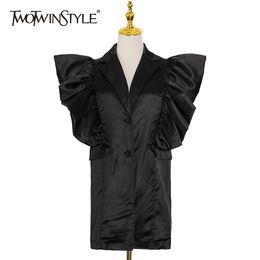 Black Elegant Ruched Slim Blazer For Women Notched Sleeveless Patchwork Ruffle Casual Blazers Female Spring Fashion 210524