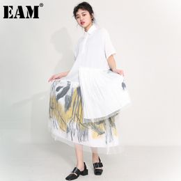 [EAM] Women White Mesh Pattern Print Big Size Midi Dress Lapel Short Sleeve Loose Fit Fashion Spring Summer 1DD511500 21512