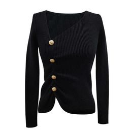 PERHAPS U Women Red White Black Knitted Top Solid Button Long Sleeve Asymmetrical Slim Bodycon B0440 210529