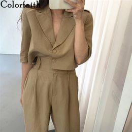 Colorfaith Spring Summer Woman Sets 2 Piece Ankle-Length Wide Leg Pants High Waist Casual Single Breasted Suit WS1019 210819