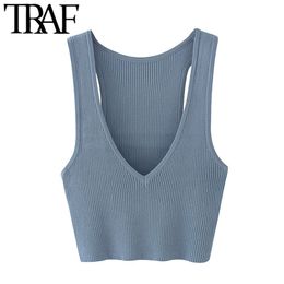 TRAF Women Sexy Fashion Deep V Neck Cropped Knitted Vest Sweater Vintage Stretchy Slim Female Waistcoat Chic Tops 210415
