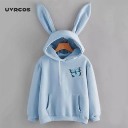 Autumn Winter Women Hoodies Kawaii Rabbit Ears Fashion Print Hoody Casual Solid Colour Sweatshirt Hoodies For Women 210712