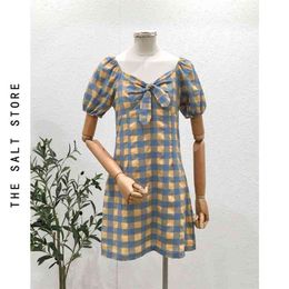 Korobov Vintage Plaid High Waist Women Dress Korean Bow V Neck Puff Sleeve Vestidos New A-Line Preppy Style Dresses 210430