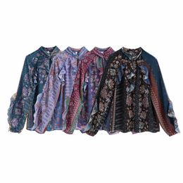 Vintage Women Chiffon Ruffles Shirts Fashion Ladies O-Neck Loose Tops Causal Female Boho Print Patchwork Blouses 210527