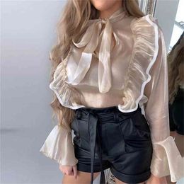 Bowknot Flare Sleeve Blouse Tops Women Ruffle Mesh Long Office Ladies Spring Autumn Glitter Shirt 210427