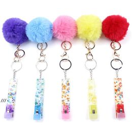 NEWFluffy Fur Pompom Keychain Acrylic Debit Bank Card Grabber for Long Nail and Contact-free ATM Cards Clip Keychains RRD13026