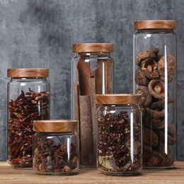 Wood Lid Glass Kitchen Storage Bottles Jars Food Container Grains Tea Coffee Beans Airtight Canister Grains Candy Jar Containers 210330