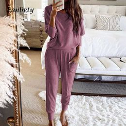 Women Autumn Casual Long Sleeve Tracksuits Lady Solid Pocket Knitted Ribbed Two Piece Set Female Loose Tops And Slim Pants Suits Y0625