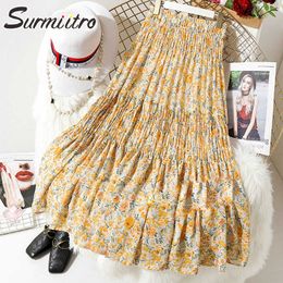 SURMIITRO Spring Summer Long Pleated Skirt Women Elegant Korean Style Yellow Floral Aesthetic High Waist Midi Skirt Female 210712