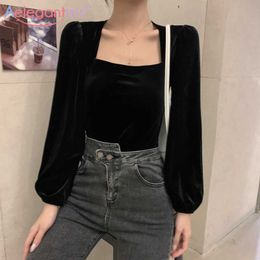 Aelegantmis Plus Size Vintage Velvet Blouse Shirt Women Spring Warm Elegant Square Collar Black Female Casual Short Tops 210607