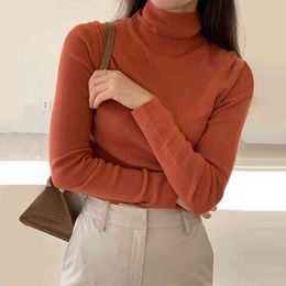 Ezgaga Long Sleeve Basic Knit Tops Women Chic Autumn Winter Turtleneck Solid Stretch Slim Inside Base Sweater Pullover Casual 210430