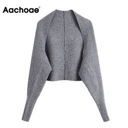 Aachoae Women High Street Grey Short Cardigan Long Sleeve Fashion Knitted Sweater Ladies Outerwear Chic Tops 210413