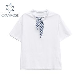 Summer O-Neck Plaid Bow Design T Shirt Women Korean Sweet Style Casual Short Sleeve Solid Cotton Tee Female Tops 210515