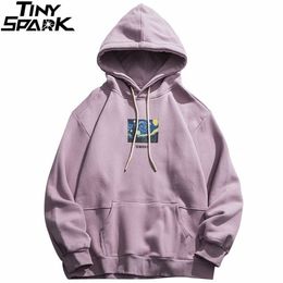 Men Hip Hop Hoodie Sweatshirt Van Gogh Starry Night Print Streetwear Pullover 2021 Autumn Cotton Harajuku Hooded Hoodie Purple Y0809