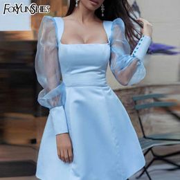 Sexy Square Neck Mini Dress Women See Through Puff Sleeve Robe Summer Fairy Wedding Prom Party Evening Clothes Y2k Princess 210709