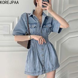 Korejpaa Women Dress Korean Fashion Chic Summer Retro Lapel Pleated Waist Short-sleeved Blue Denim Short Dresses Vestido 210526