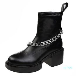 Boots Punk Chain Square Heels Ankle For Women 2021 Pu Leather Chunky Platform Woman Round Toe Slipon Botas Mujer