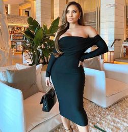 Women Sexy Designer Long Sleeve Black Bandage Dress Winter Ladies Midi Celebrity Bodycon Party Vestido 112cm 210527