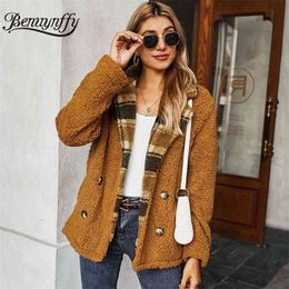 Autumn Winter Fleece Faux Fur Jacket Coat Women Notched Collar Double Breasted Teddy Streetwear Casual Outerwear 210510