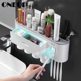 ONEUP Magnetic Toothbrush Holder With 2/3/4Cup Toothpaste Dispenser Wall Toilet Makeup Storage Rack For Bathroom Accessories 211130