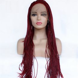 HD Box Braided Synthetic Lace Front Wig Burgundy Simulation Human Hair Frontal Braid Wigs 0903-1557