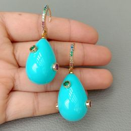 Yygem Teardrop Blue Sea Shell Pearl Mieszane Kolor Sześcienny Cyrkon Pave Złoty Kolor Hoop Kolczyki Cute Style Dla Kobiet Biżuteria