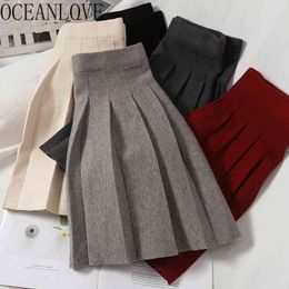 Autumn Pleated Women Solid A-line High Waist Sweet Mujer Faldas Knitted Fashion Mini Skirts Korean Style 18606 210415