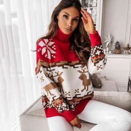 Elk Snowflake Christmas Turtleneck Sweater Women Xmas Pullover Knitted Sweater Autumn Ugly Christmas Sweater Y1118