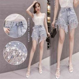 Summer Casual Loose Beaded Tassel Diamond Female High Waist Shorts Jean Fashion All-Match Pants Lady Clothing 210809