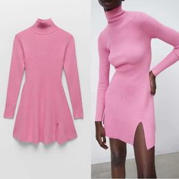 Za Pink Knit Dress Women Elegant Turtleneck Long Sleeve Mini Spring Dresses Woman Fashion Front Slit Vintage Sweater Dress 210602