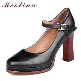 Meotina Women Pumps Genuine Leather Platform Super High Heel Shoes Buckle Strap Thick Heels Footwear Ladies Party Shoes Black 210520