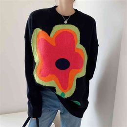 Autumn and Winter Retro Round Neck Pullover Hit Colour Big Flowers Loose Casual All-match Warm Knitted Sweater Women HK115 210506
