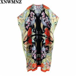 Women Fashion V Neck Position Floral Print Loose Midi Dress Female Vintage Batwing Sleeve Side Split Kimono Vestidos 210520