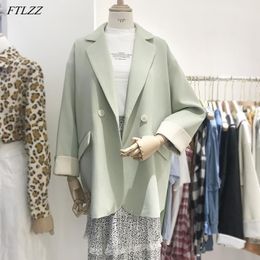 Spring Autumn Women Elegant Notched Collar Double Breasted Blazer Office Ladies Loose Vintage Solid 210423