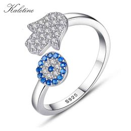 hamsa rings UK - Kaletine 925 Sterling Silver Evil Blue Eye Hamsa Fatima Hand Adjustable Female Rings Open Size Ring Wedding Jewelry