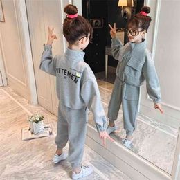 Kids Clothes Set Spring Children Grey Sport Suit Zipper Jackets and Solid Color Loose Trousers Teenage Jogger Sets 4 8 12 14Year 210622