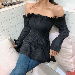 Spring Solid Color Pleated Button Sexy Off Shoulder Blouse Women Retro Hong Kong-style Ruffled Strapless Shirt Black Tops 13303 210521