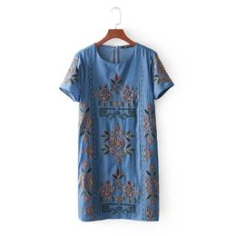 women court totem flower embroidery denim mini dress elegant vestido summer short sleeve casual slim straight dress DS682 210603