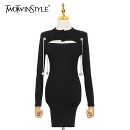 TWOTWINSTYLE Black Patchwork Diamond Dress For Women O Neck Long Sleeve High Waist Mini Slim Dresses Female Fashion Style 210517