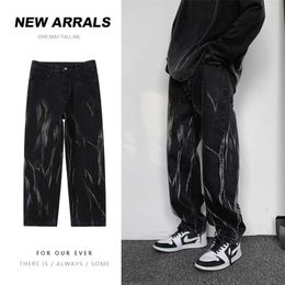 Jeans neri oversize casual da uomo Jeans hip-hop allentati dritti coreani streetwear pantaloni denim maschili abbigliamento moda 220115