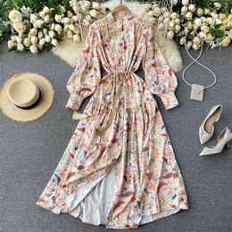 Spring Autumn Women Vintage Stand Collar Single Breasted Floral Print Dress Elegant Lady Sash Tie Up Long 210423