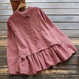 Spring Autumn Arts Style Women Long Sleeve Loose Casual Blouse Tops Turn-down Collar Cotton Linen Plaid Vintage Shirts V190 210512