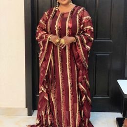 Women Stripe Sequins Loose Two Piece Dress Floor Length Muslim Robe Chiffon Comfortable Fabric African Celebrate Event Plus Size 210416