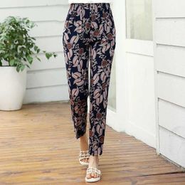 2021 Summer Middle Aged Women Pants Casual Elastic Waist Straight Pants Loose Thin Floral Print Trousers Plus Size XL-5XL Q0801