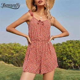 Tie Front Ruffle Strap High Waist Rompers Women Summer Holiday Casual Boho Floral Print Sleeveless Beach Playsuit 210510