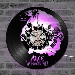 Vinyl Record Wall Clock Cartoon Alice in Wonderland 3D Creative CD Modern Design Hanging LED Clocks Home Decor