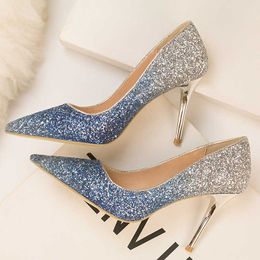 Gradient Sequins High Heels Women Shoes Pointed Classic Pumps Rhinestone Party Wedding Bridal Shoes Stiletto Woman Heels Ladies X0526