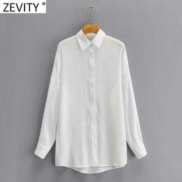 Zevity Women Fashion Turn Down Collar Breasted White Smock Blouse Office Ladies Long Sleeve Casual Shirt Chic Blusas Tops LS9189 210603