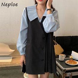 Work Style Ol 2 Pcs Women Set Peter Pan Collar Long Sleeve Shirt + High Wais Hip A Line Pleat Dress Suit Spring 210422